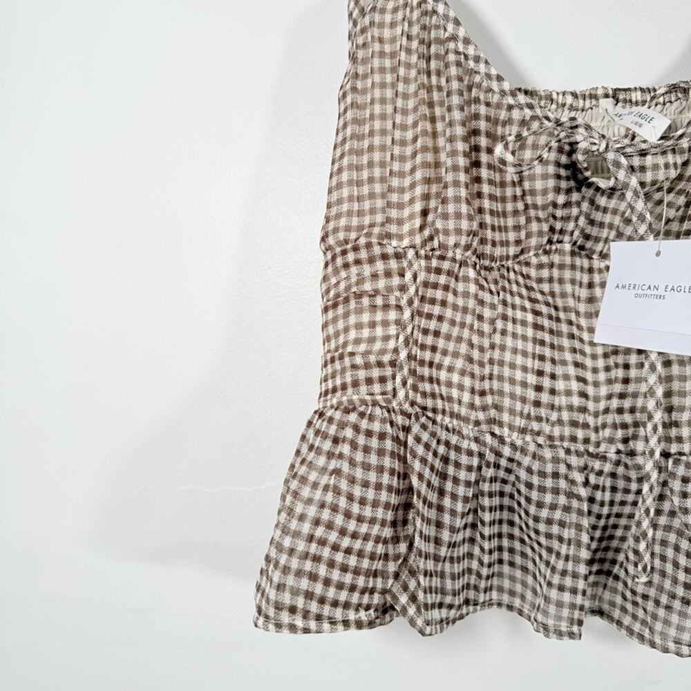 NWT American Eagle Brown White Plaid Should Tie Chiffon Babydoll Top Large - Picture 3 of 12